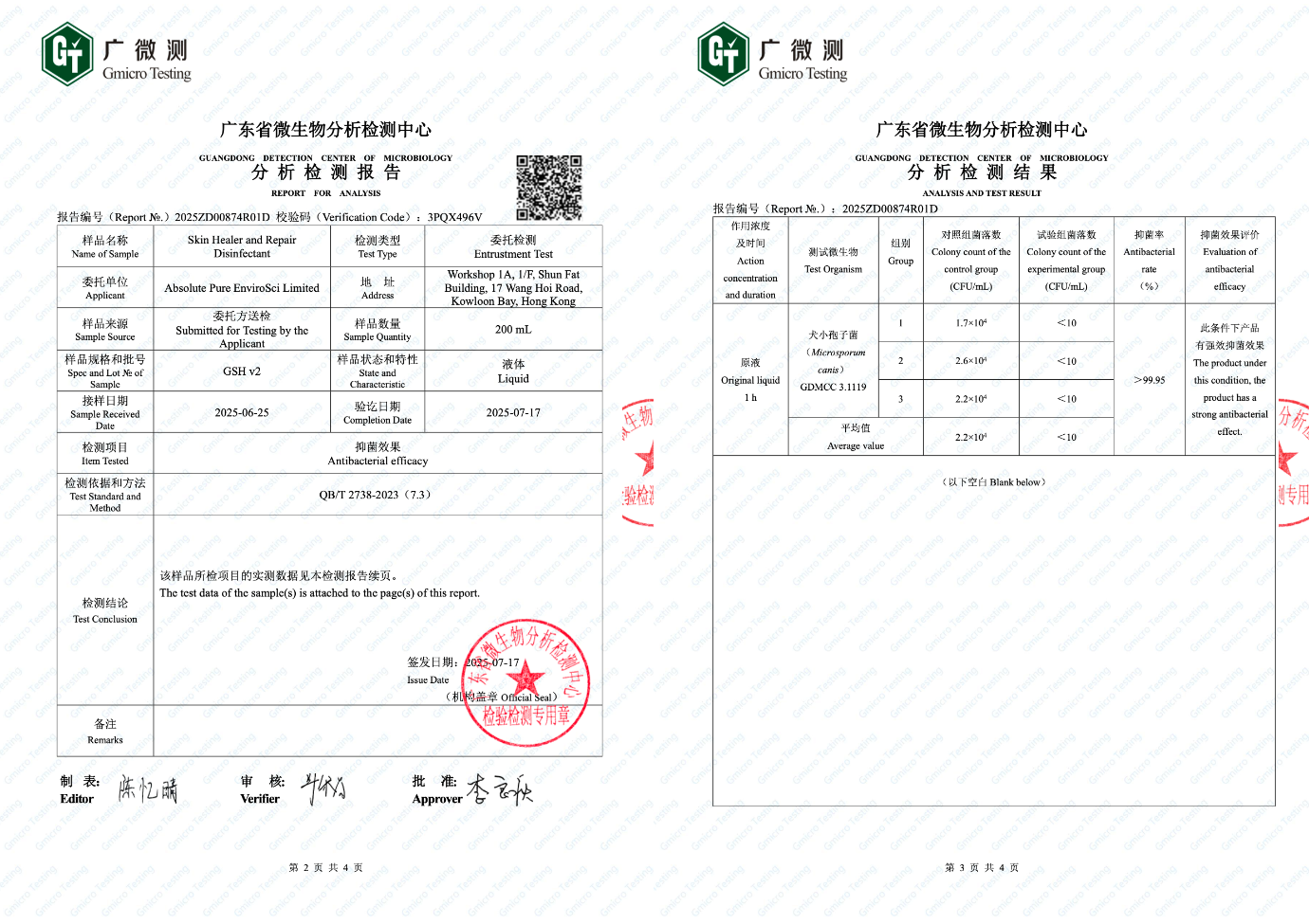 Laboratory analysis report for antimicrobial efficacy against Microsporum canis