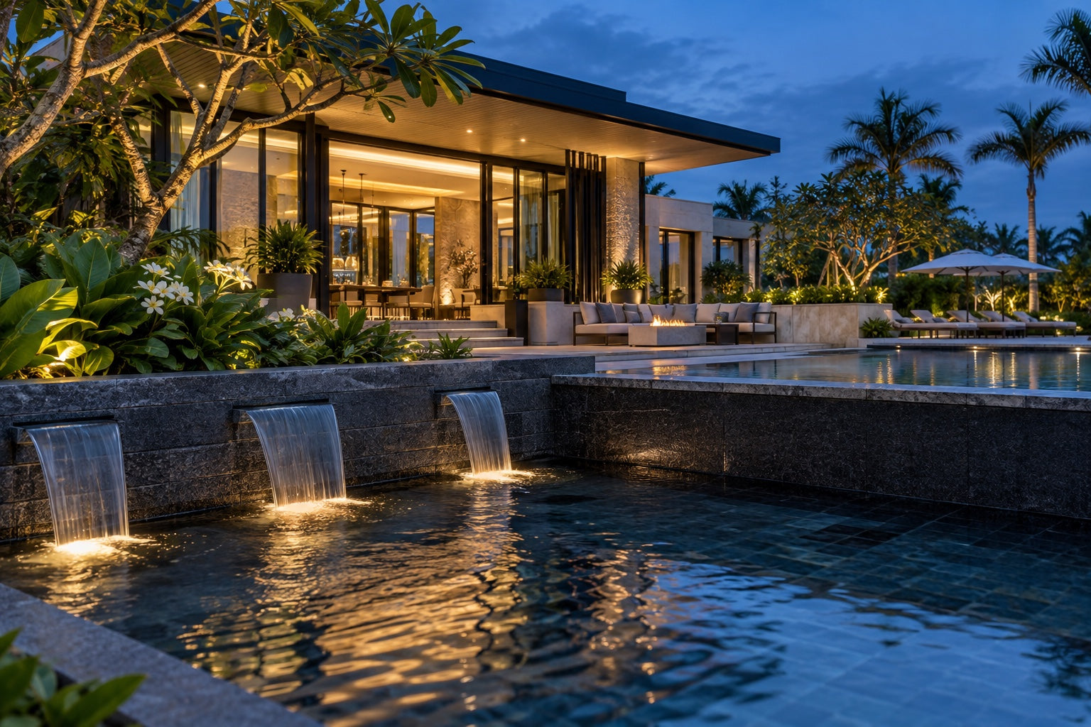 Representative view of an anonymous clubhouse pool and decorative water feature