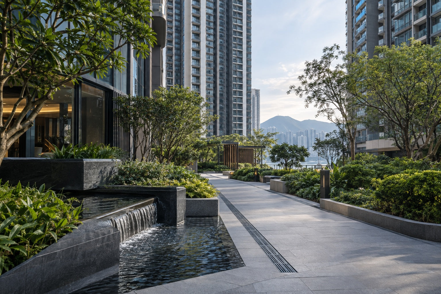 Representative view of an anonymous residential development and landscape water feature