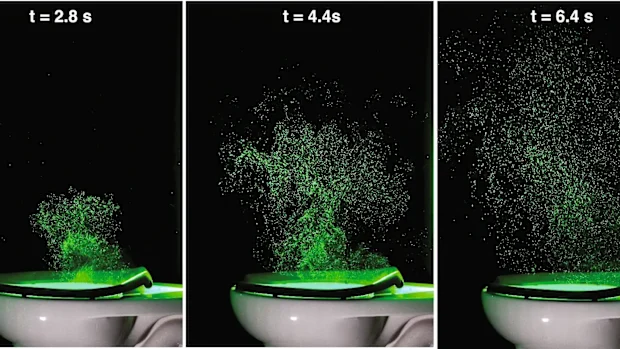 Three-frame visualization of particles rising above a toilet during flushing