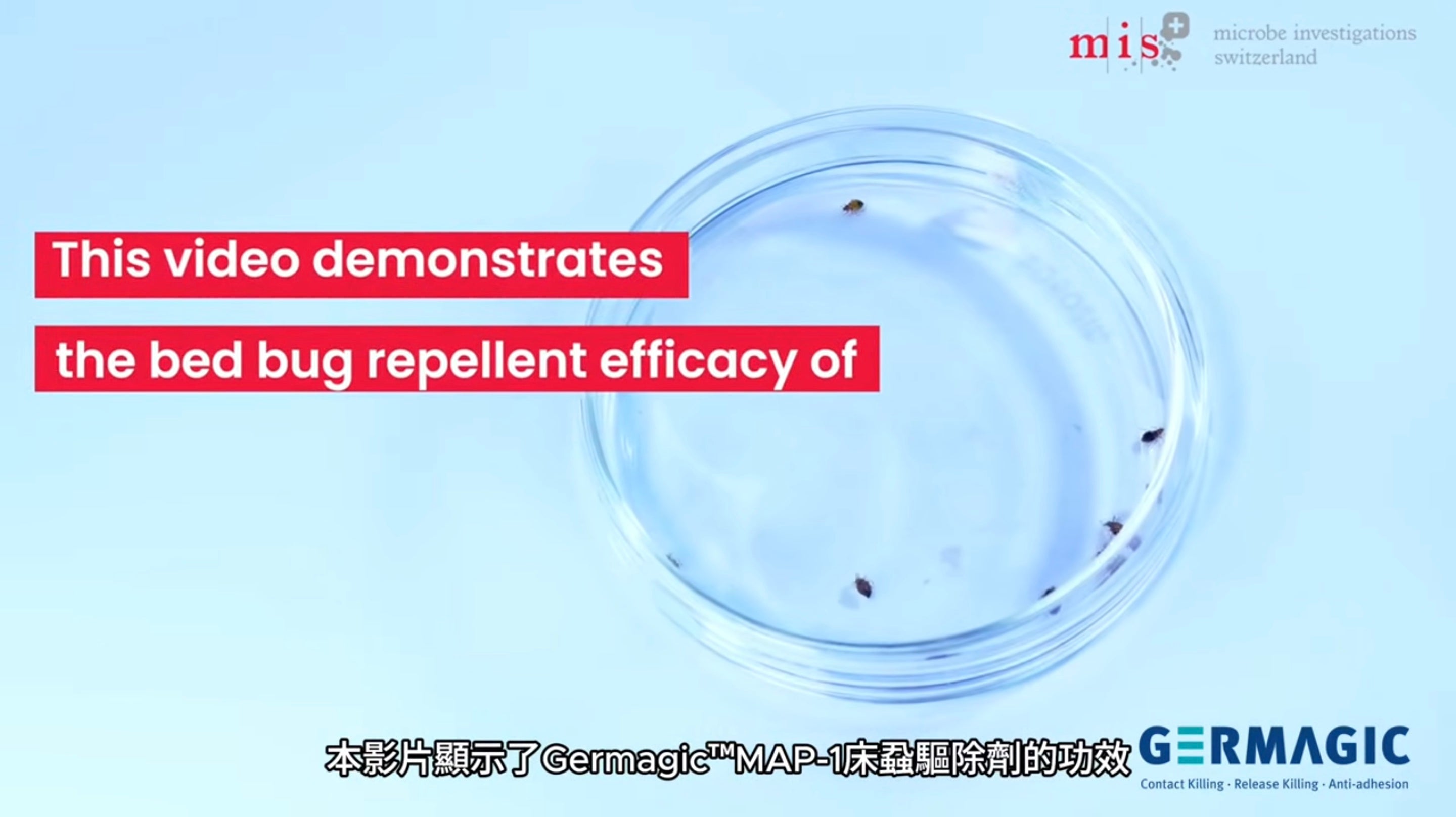 GERMAGIC MAP-1 bedbug-repellent laboratory demonstration by Microbe Investigations Switzerland