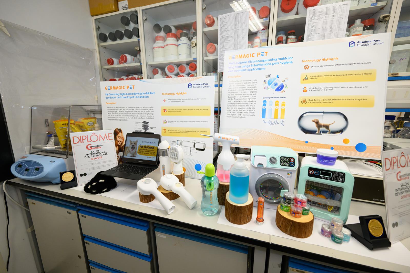 APEL technology prototypes and Geneva medals displayed in the laboratory