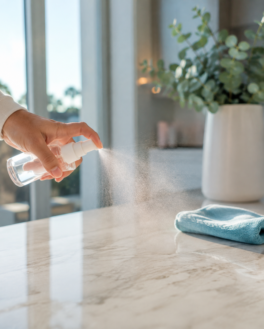 Fine protective spray applied in a clean indoor setting